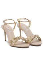 "Casadei" sandales femme dorées à talons moyens en tissu et cuir – Image 2