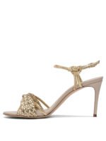 "Casadei" sandales femme dorées à talons moyens en tissu et cuir – Image 3