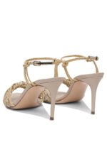 "Casadei" sandales femme dorées à talons moyens en tissu et cuir – Image 4