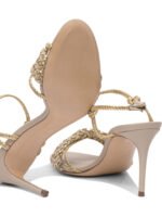 "Casadei" sandales femme dorées à talons moyens en tissu et cuir – Image 5