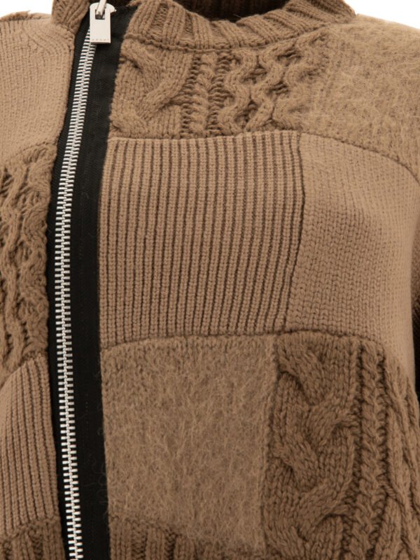 "Sacai" pull zippé femme marron patchwork en laine et coton – Image 3