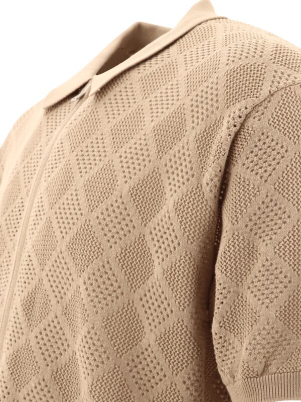 "Beams Plus" polo zippé en maille beige en coton coupe regular à manches courtes pour homme – Image 4