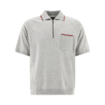"Beams Plus" polo zippé gris en coton coupe regular à manches courtes pour homme