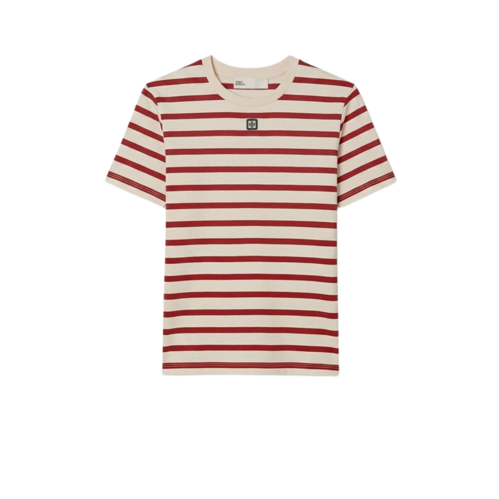 Design sans titre (6) Tory Burch t-shirt femme rouge à rayures en coton – Image 1