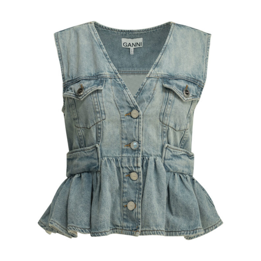 Design sans titre (30) GANNI haut à basque en denim femme en coton bleu clair – Image 1
