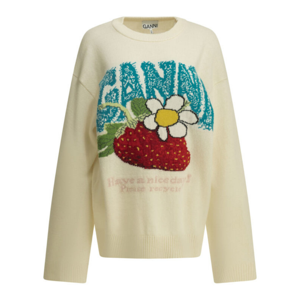 Design sans titre (43) GANNI pull femme à col rond en laine blanc – Image 1
