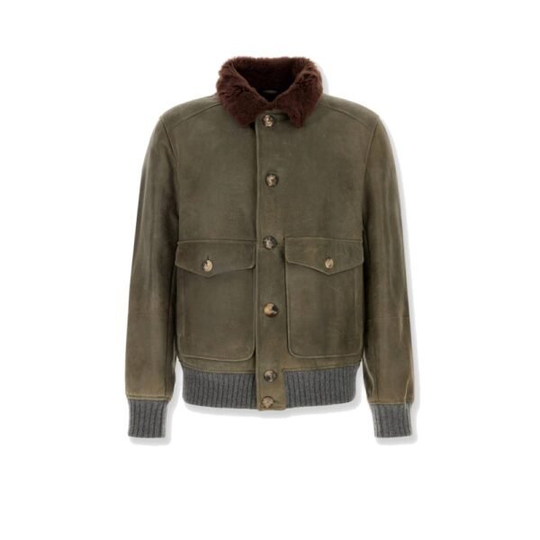 Brunello Cucinelli Waxed shearling bomber jacket with shearling collar