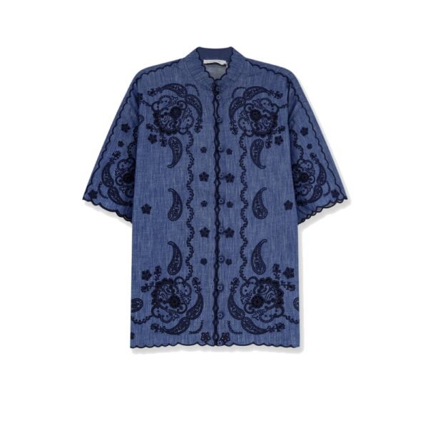Zimmermann Aster denim shirt with all-over contrasting embroidery