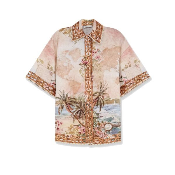 Zimmermann Mahon Linen Shirt with Blue Island Map Print